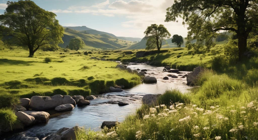 Paisaje natural sereno con río y montañas
